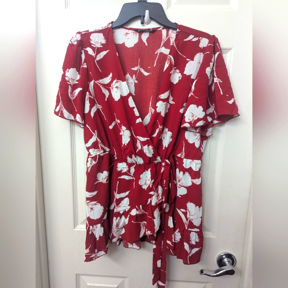 Red Floral Faux Wrap Blouse - Picture 1 of 3